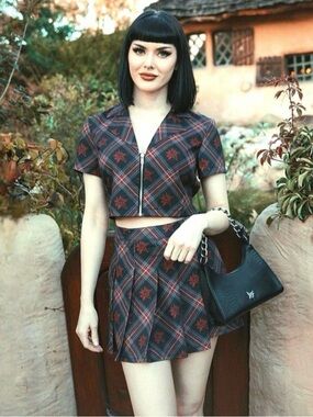 NEW Blackcraft Cult Plaid Mini Skirt Crop Top Set Red Black Zipper Limited Goth